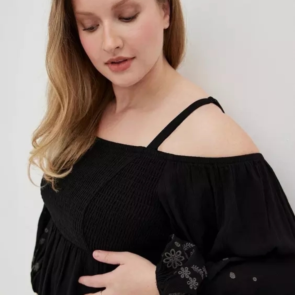 Black Gauze Embroidered Cold Shoulder Top | Smocked Boho Blouse Size 2 image 4